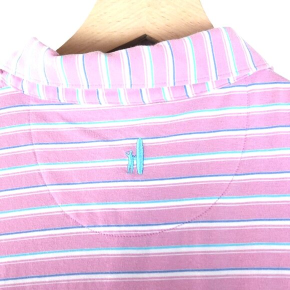 Johnnie-O Pink Blue Stripe Polo Shirt Size L  Surf Logo Beachy Preppy - Picture 4 of 7